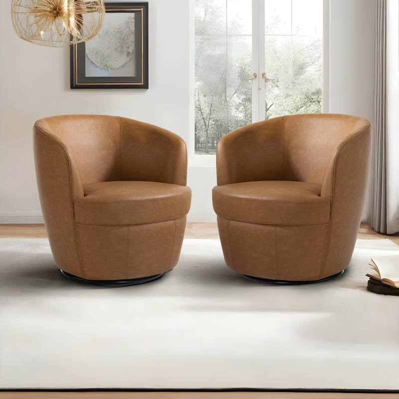 32" Wide PU Leather Swivel Barrel Chair with Metal Rotary Base (Set of 2)