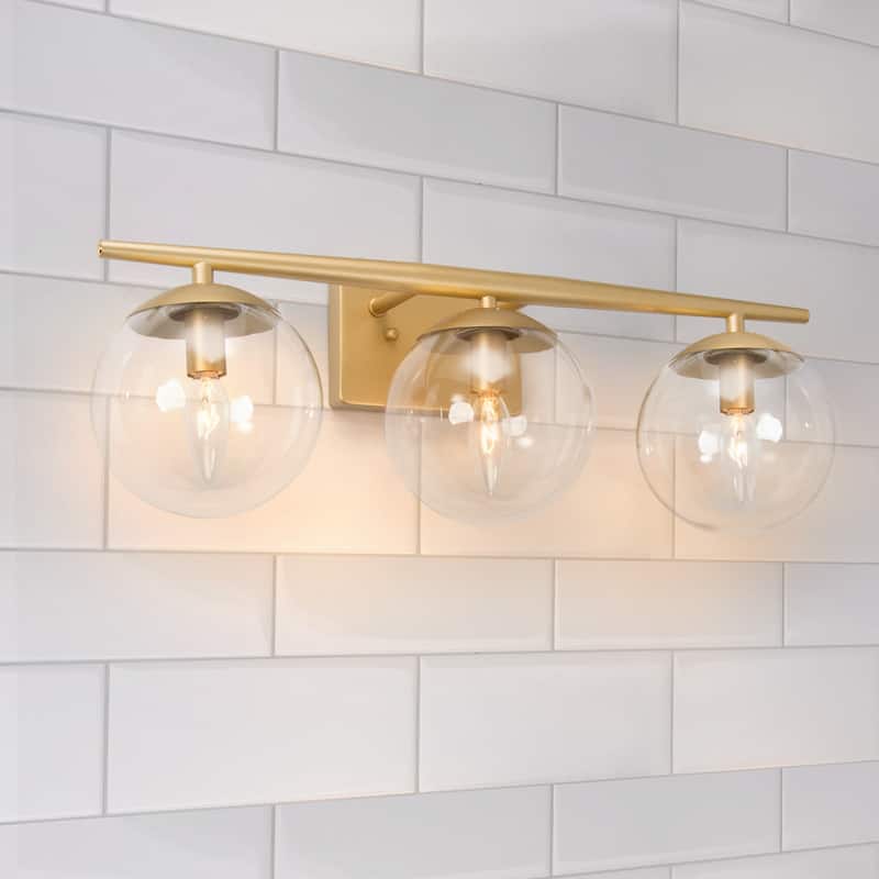 Modern 3-Light Gold Bathroom Vanity Lights Farmhouse Globe Wall Sconce for Powder Room - Gold+Clear Glass