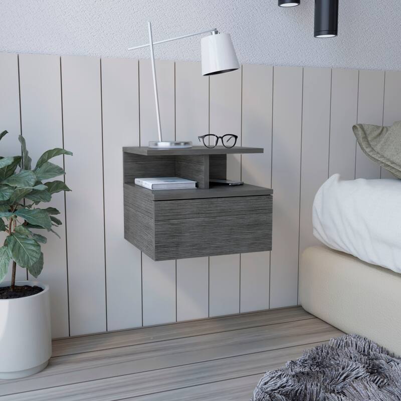 Floating Nightstand with Drawer and Open Storage Shelves - Smoke Grey