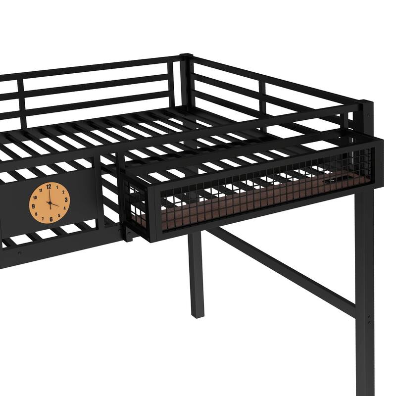 Modern Industrial Queen Size Loft Bed Frame with Desk, Pegboard and Clock, Storage Basket with Built-in Charging Station