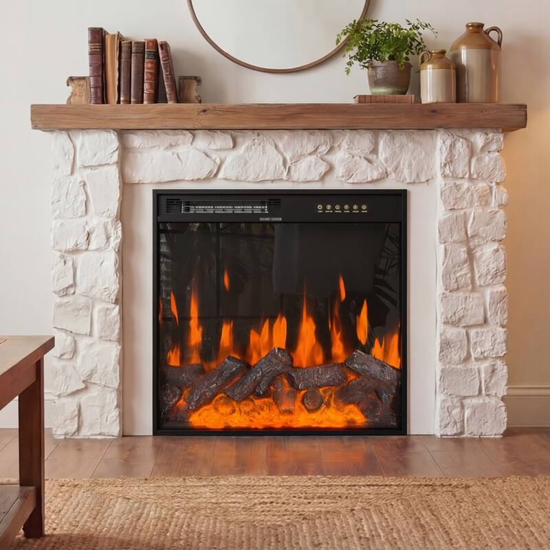 Black Electric Fireplace Insert, 1500W 110V Heater with 12-Color Flame, 5-Level Brightness, High/Low Heat Settings