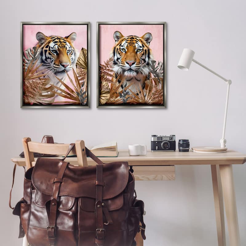 Stupell Fierce Tigers & Gold Leaves Framed Floater Canvas Wall Art Design By Kim Allen (Set of 2)