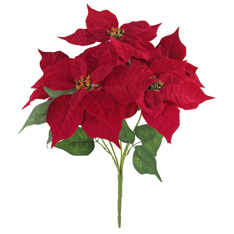 Set of 2 Classic Artificial Poinsettia Red Velvet Christmas Flower Stems Bush Bouquet 16in - 16" L x 13" W x 13" DP