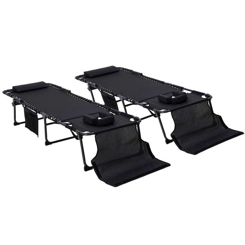 Outsunny 2-Pack Reclining Chairs, Portable Sunbathing Chairs with Reading Face Hole, Side Pocket & Adjustable Backrest - Black