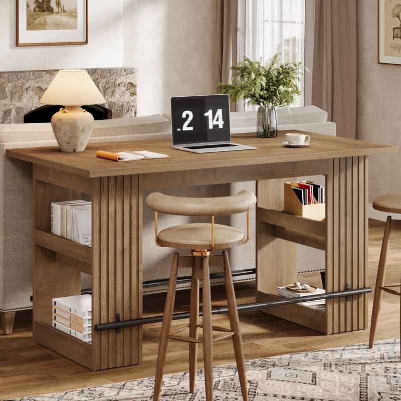 63 Inch Bar Table with Footrest, Bar Height Pub Table, Industrial High Top Kitchen & Dining Counter Tables with Storage Shelves