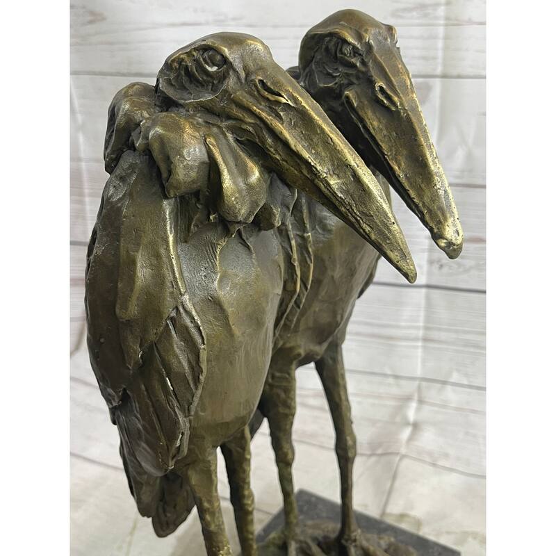 Two Birds Pelicans Storks Vultures Water Fowl Bronze Sculpture Statue On Marble Base
