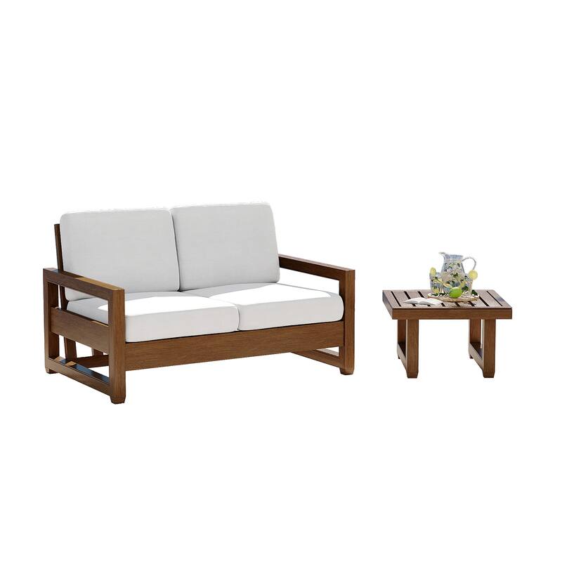 Teak Loveseat Patio Set with Cushions and Table (2-Piece)