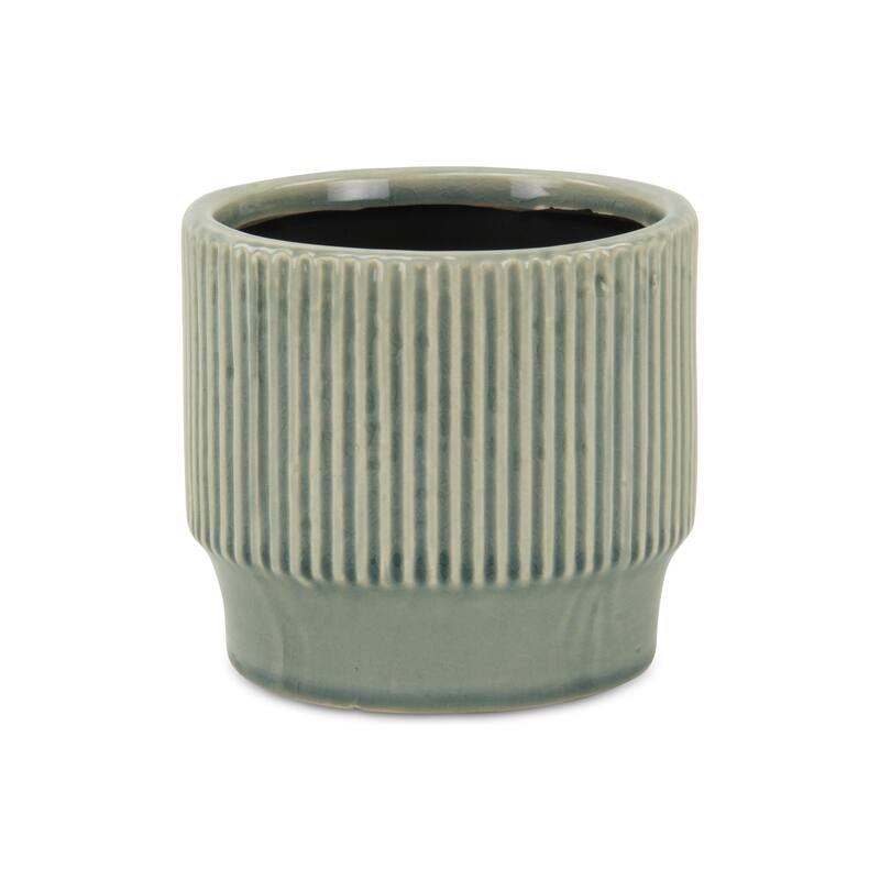 HomeRoots Green Ceramic 41 Ounce Striped Round Distressed Pot Planter - 5.50 in. x 5.25 in. x 5.50 in.