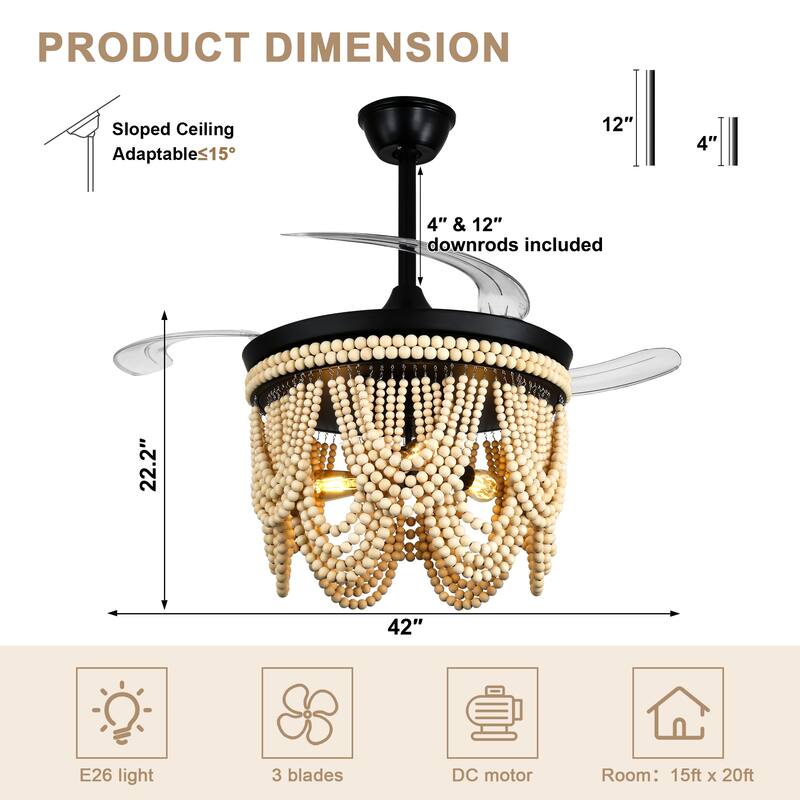 Bella Depot 42" Bohemian Retractable Ceiling Fan with Remote and Light 6-speed Reversible DC Motor