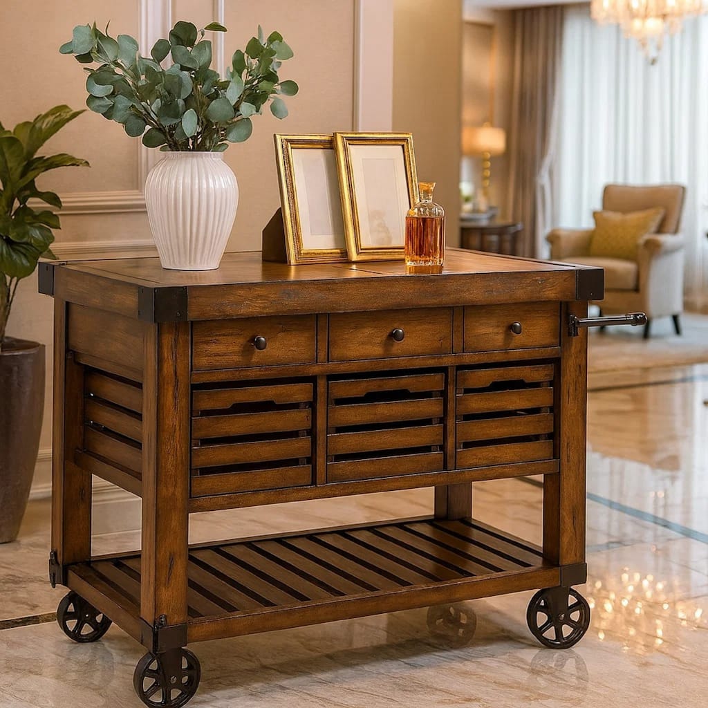 Wood & Metal Kitchen Cart, Distress Chestnut Brown