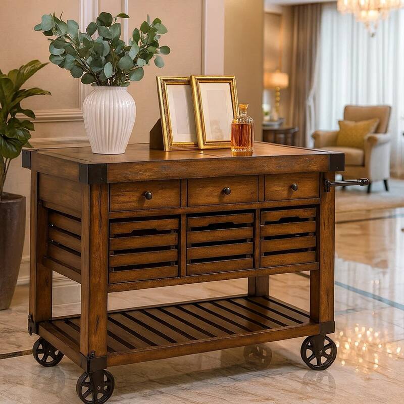 Wood & Metal Kitchen Cart, Distress Chestnut Brown