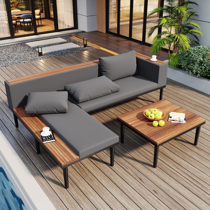 Outdoor Conversation Set with Removable Cushions and Coffee Table, L-Shaped Sofa