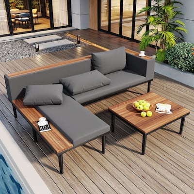 Outdoor Conversation Set with Removable Cushions and Coffee Table, L-Shaped Sofa