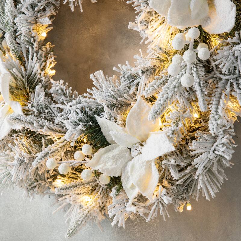 Glitzhome 5FT Pre-Lit Flocked Pine Artificial Christmas Porch Tree with 150 Warm White Lights and Poinsettia