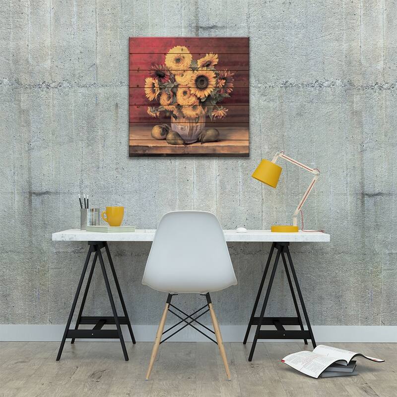 Sunflowers With Pears Print On Wood by Andres Gonzales - Multi-Color
