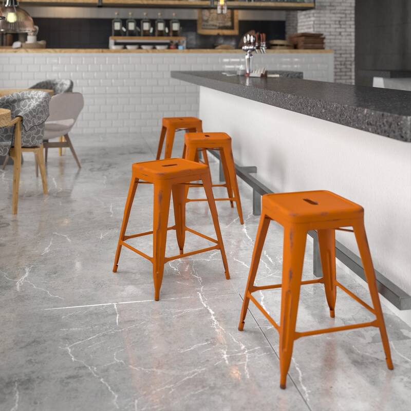 24" High Backless Distressed Metal Indoor-Outdoor Counter Height Stool - Orange