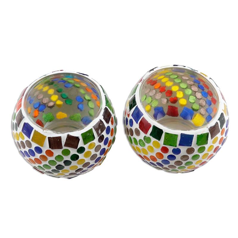 Novica Handmade Festive Rainbow Glass Mosaic Tealight Candleholders (Pair)