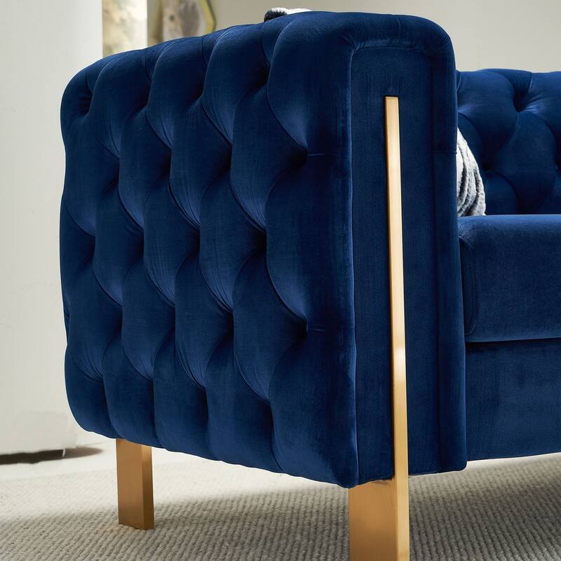 Velvet Tufted Sofa with Gold Metal Legs & Toss Pillows - 84" Width
