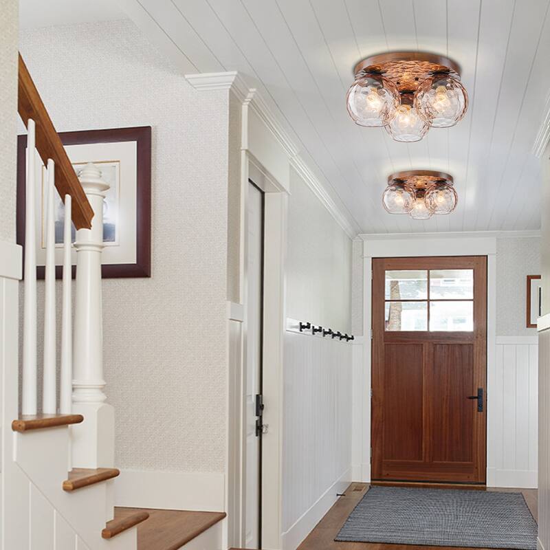 3-Light Rustic Wood Flush Mount Ceiling Light with Textured Amber Glass Shades - Dia.16.54-in