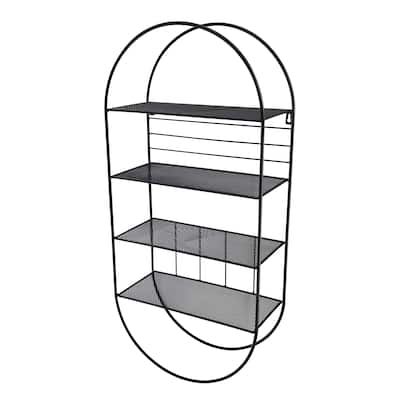 Oval Metal Mesh Wall Mount Four Tier Floating Shelf Unit, Black