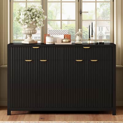 Relief Striping 4 Door Buffet Cabinet Coffee Bar Cabinets with Drawers, Storage Cabinet wAdjustable Shelves & Arc Handles