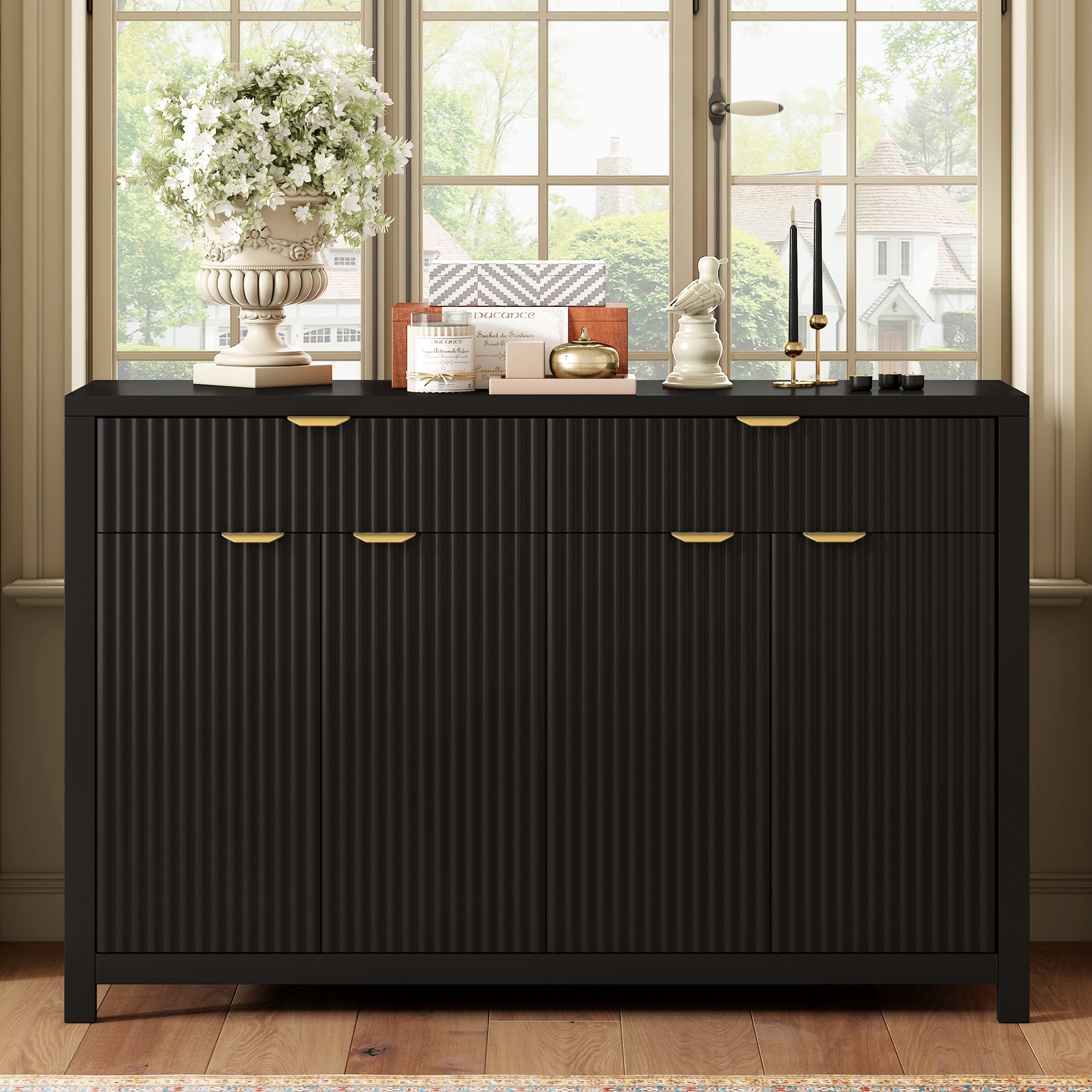 Roomfitters Modern Sideboard Cabinet, Wave Pattern Storage Buffet with Adjustable Shelves, Accent Console