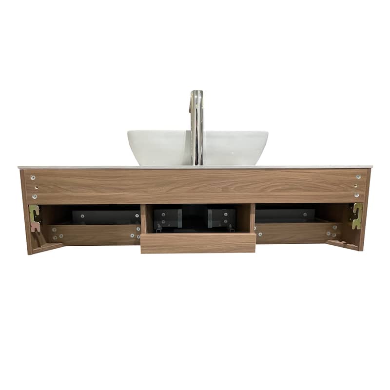 48"Mid Century Modern Wall-Mounted Bathroom Vanities,Single Sink,Brown Wood Texture with Sintered Stone Table top