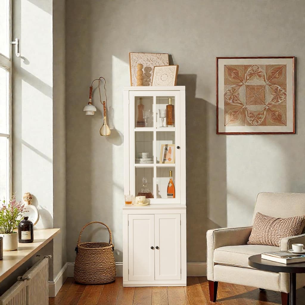 75.25'' Tall Farmhouse Pantry Cabinet with Glass Door & Lattice Window, Freestanding Hutch with Adjustable Shelves