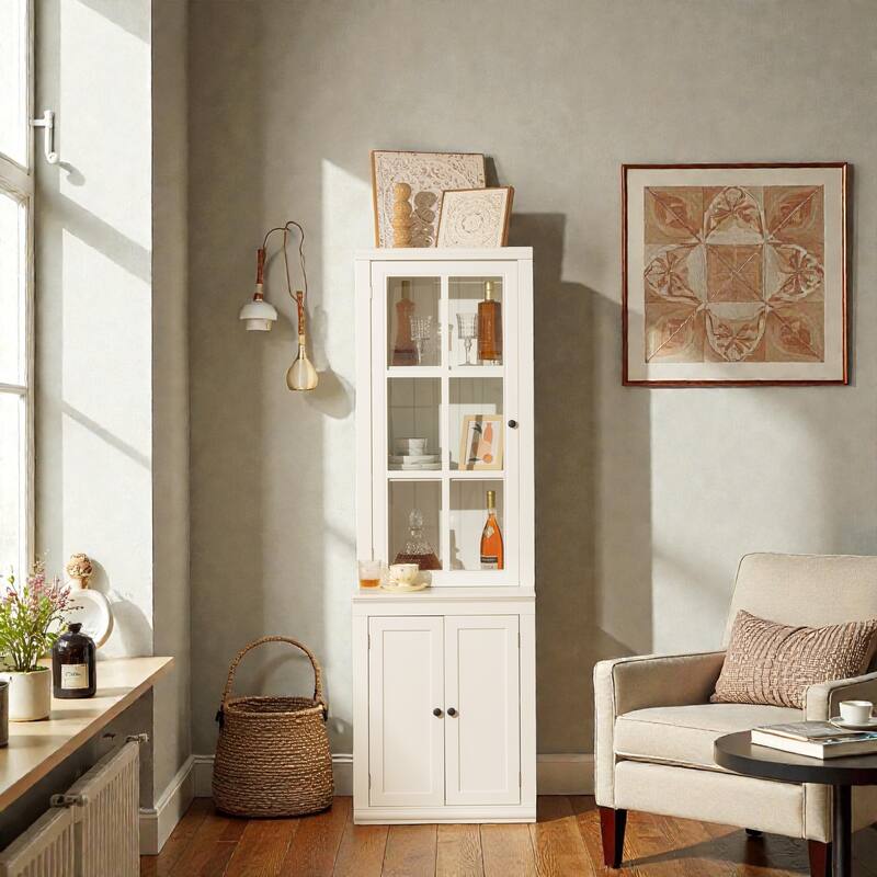 75.25'' Tall Farmhouse Pantry Cabinet with Glass Door & Lattice Window, Freestanding Hutch with Adjustable Shelves - White