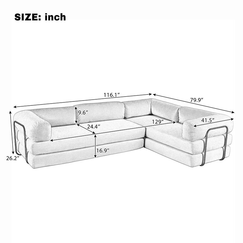 L-Shaped Modular Sofa Sleeper Sofa, Corduroy Sectional Sofa with 3 Wedge Cushions and Flat Cushion, Convertible Sofa Bed