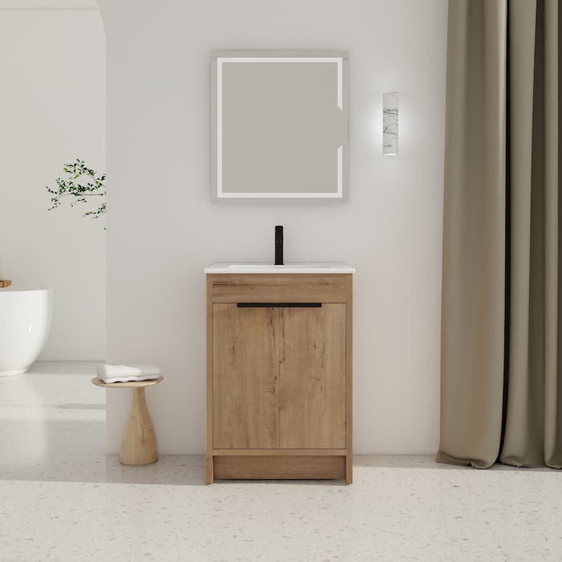 GDFStudio - Lennox Modern Freestanding Bathroom Vanity with White Ceramic Sink and Soft-Close Doors - 24" - Imitative Oak