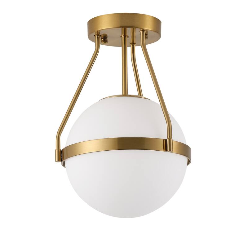 Brushed Brass 1-Light Semi Flush Mount Ceiling Light with White Globe Glass Shade