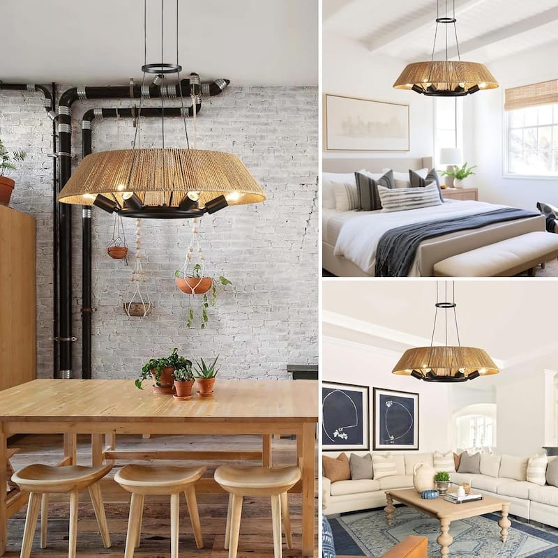 6-light dining room light brown chandelier light rattan pendant light