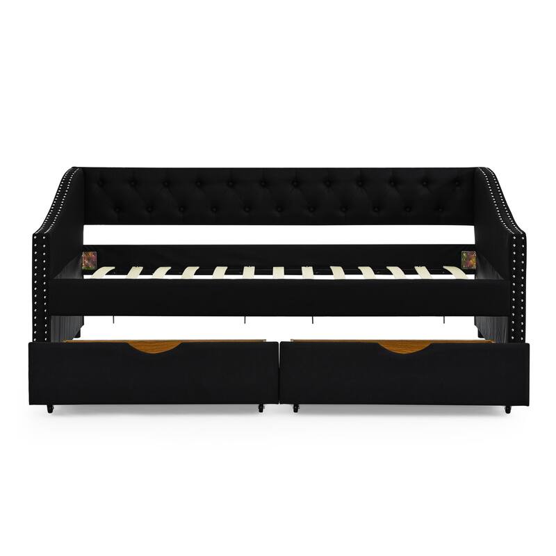 Roomfitters Twin/Full/Queen Upholstered Daybed with Tufted Backrest, Nailhead Trim and Underbed Storage Trundle
