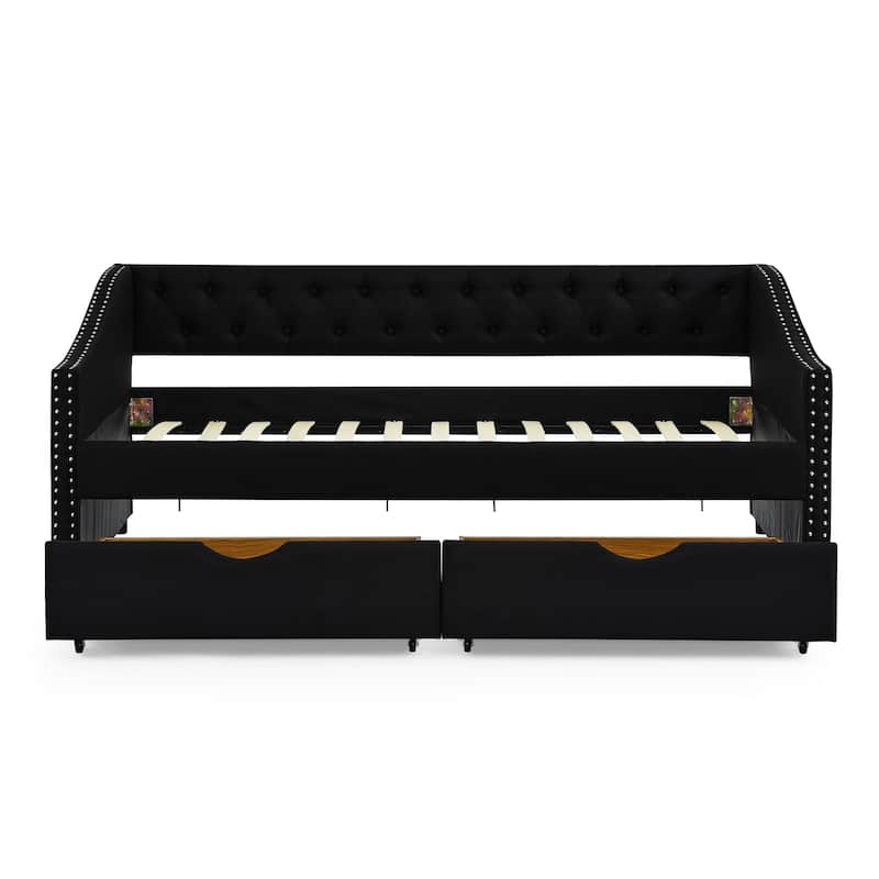 Tufted Button Daybed with 2 Storage Drawers/Upholstered Sofa Bed Frame w/Copper Nail on Waved Shape Armrests/No Spring Box Need
