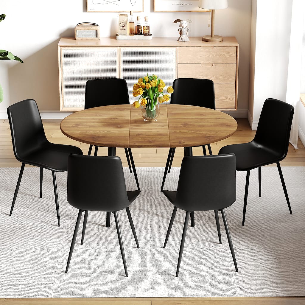 7-Piece Round Dining Set with Extendable Dining Table, Wood Kitchen Table Set with 4 Chairs for Dining Room