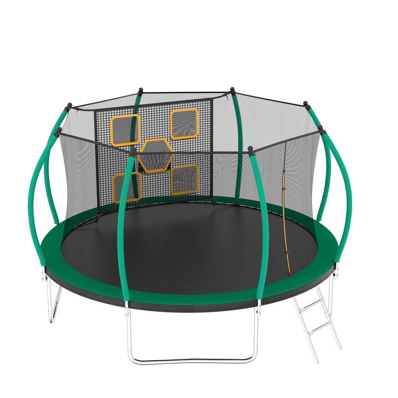 Kids Recreational Trampoline - Basketball Hoop, Safety Enclosure Net, Ladder, Easy Assembly - Black+Green - 168