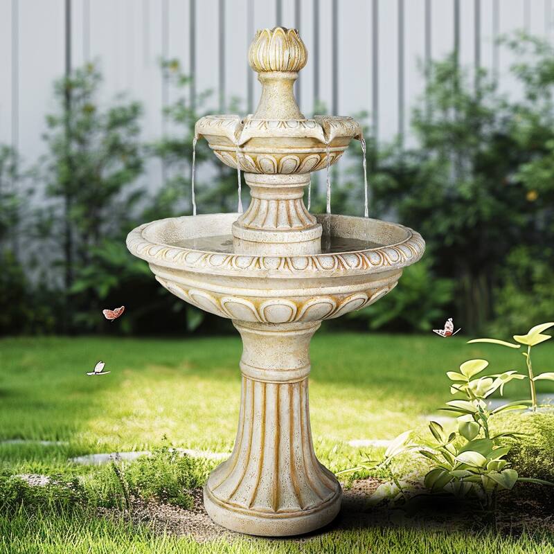 SunJet 40.5" Tall 3-Tier Pagoda Concrete Water Fountain - 40.5'' H X 25'' W X 25'' D