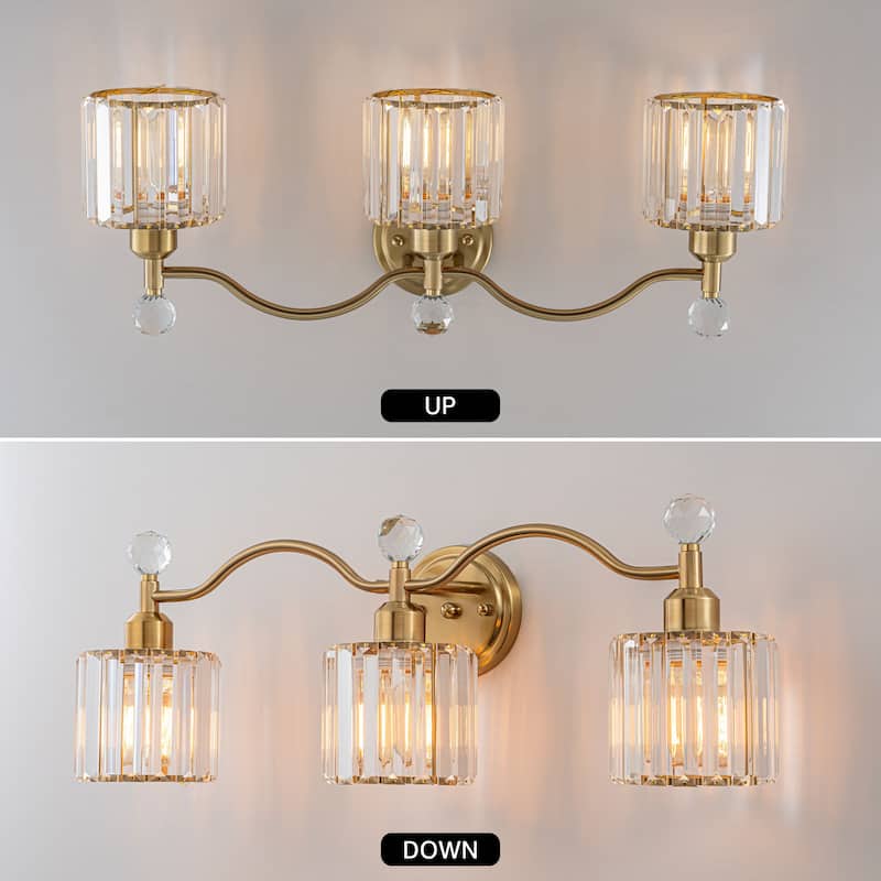 Starsky 3-Light Modern Crystal Bathroom Vanity Fixture with Ribbed Glass Shades and Sparkling Crystal Ball Accents