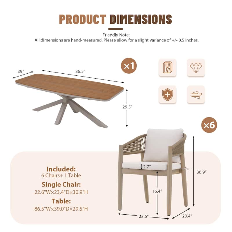 7-Piece Outdoor Dining Set Acacia Wood Rope-Woven Arm Chairs and Dining Table with X-Shaped Legs