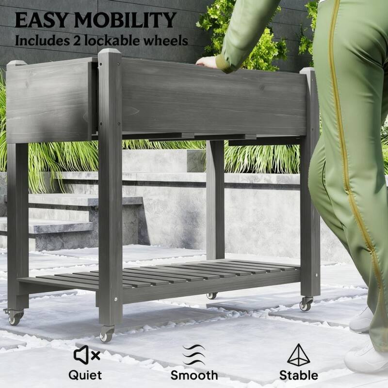 Elevated Garden Bed with Lockable Wheels and Side Tables, Wood Raised Planter Box with Bottom Shelf and Drain Holes