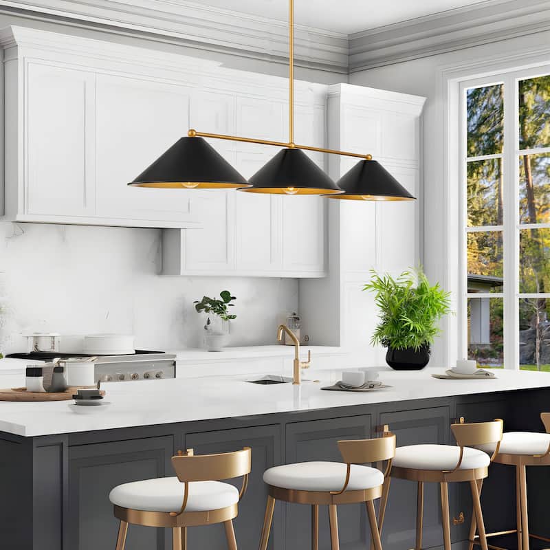 3-Light Mid-Century Modern Black/White Linear Cone Large Chandelier for Dining Room and Kitchen Island