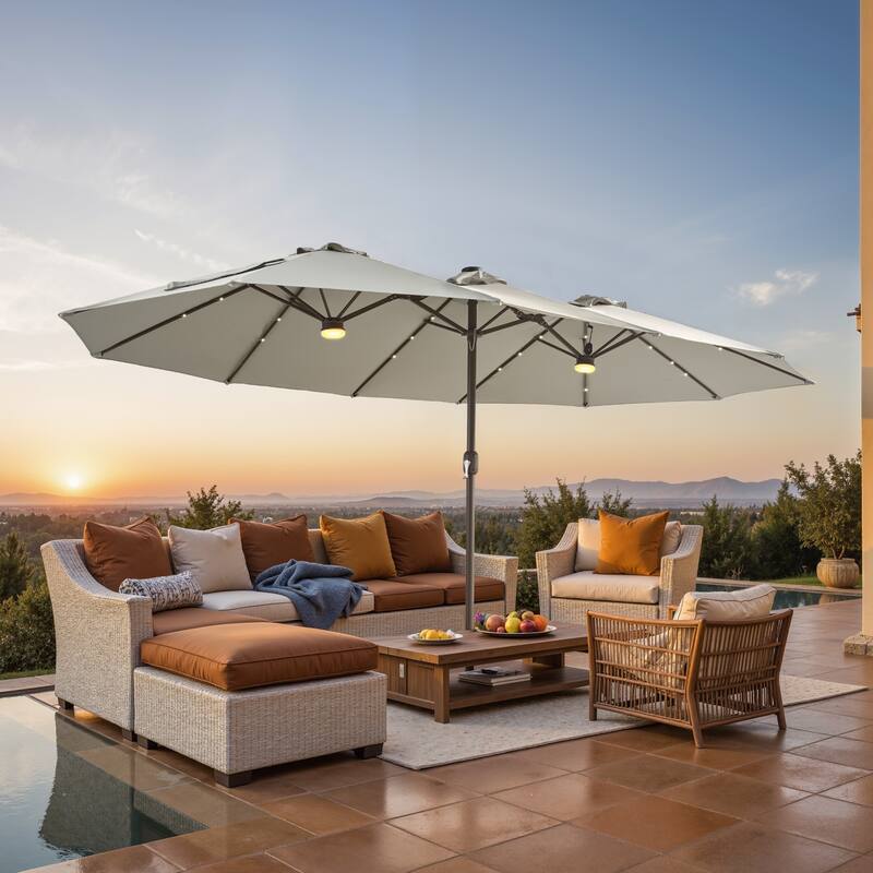 ​OVIOS 15ft Double-Sided Patio Outdoor Umbrella with Crank & Light