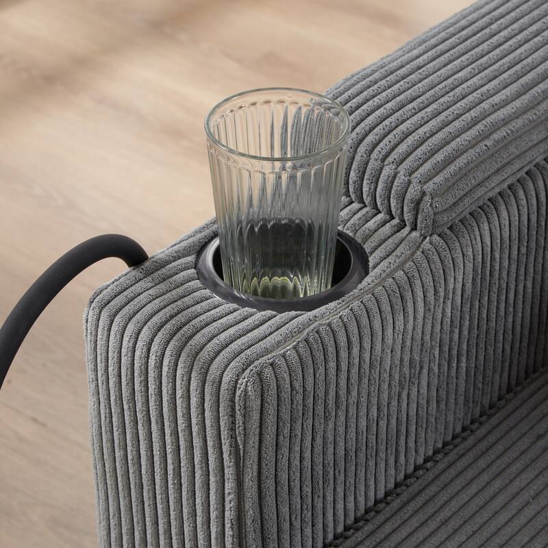 63" Corduroy Convertible Chaise Lounge with USB Ports, Phone Holder, and Storage