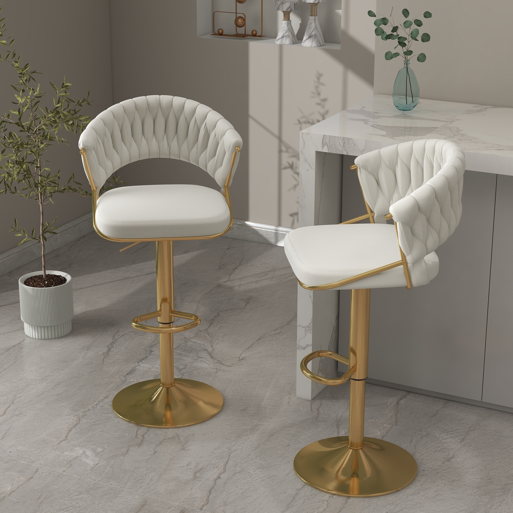 Set of 2 Modern Velvet Adjustable Bar Stools with Backs