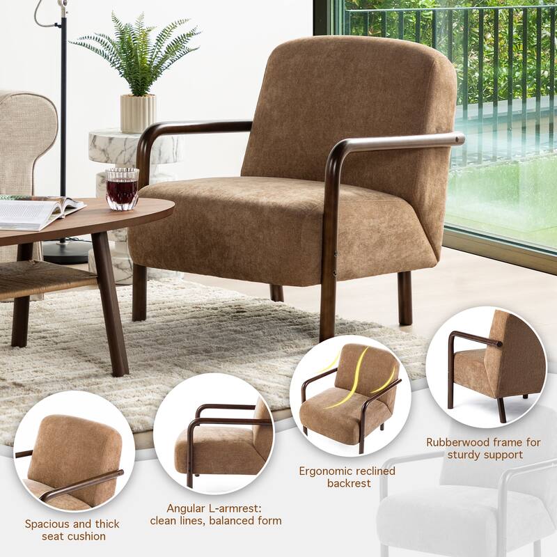 Glitzhome Set of 2 Mid-Century Modern Brown Fabric Thick Armchair with Walnut Rubberwood Frame