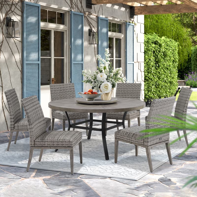 Patio Aluminum Round 59.5" Dining Table Set With Removable Lazy Susan - Moss