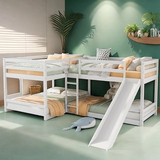 Stylish Full and Twin Size L-Shaped Bunk Bed with Slide and Short Ladder, 4 Beds in 1, Sturdy Frame, Gray