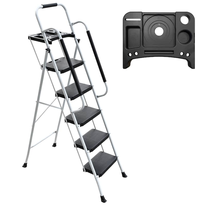 5-Step Folding Ladder with Handrails & Tool Platform - Black