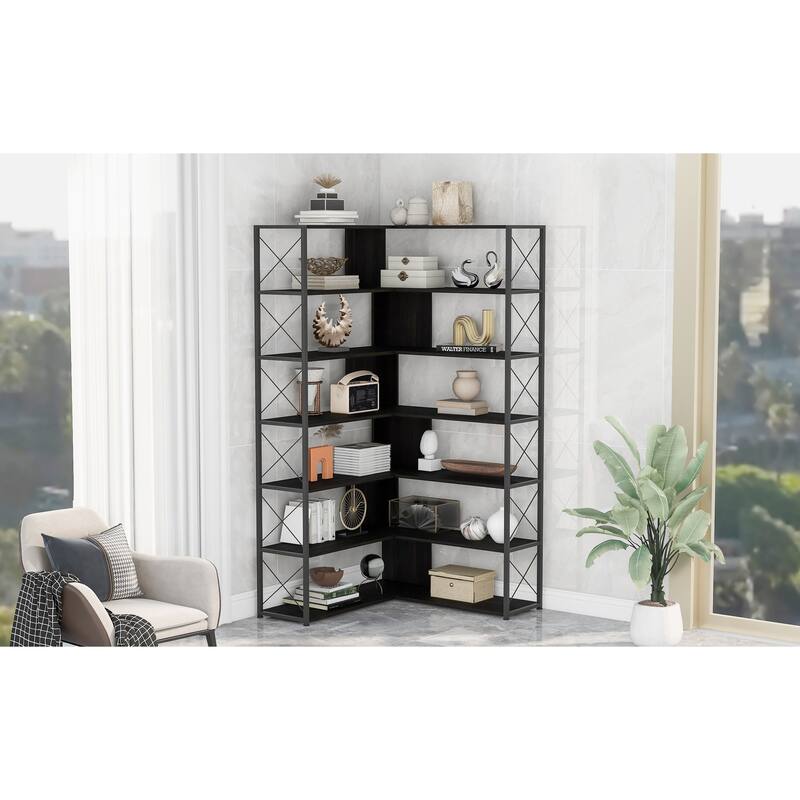 7-Tier Bookcase Home Office Bookshelf, L-Shaped Corner Bookcase with Metal Frame